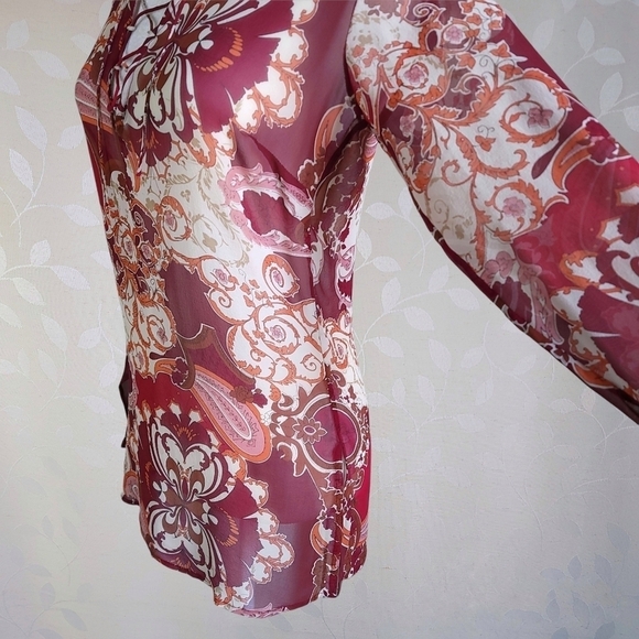 Vintage 90s Silk Retro Paisley Print Sheer Lace Up Tunic Top Red Orange XS - Picture 9 of 16